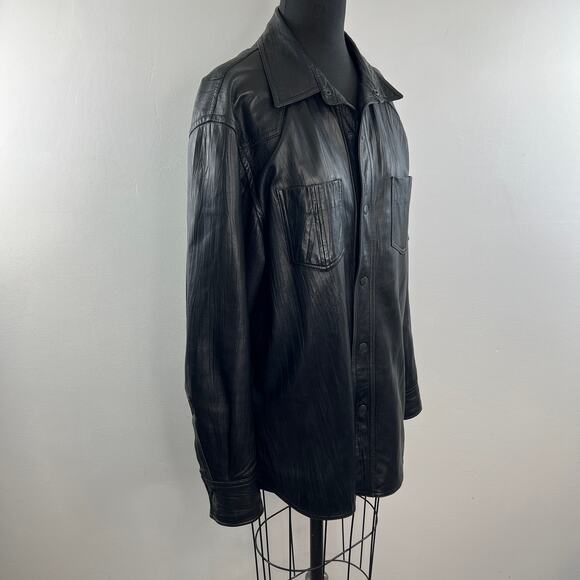 Jhane Barnes Black Western Shirt Jacket Soft Lamb Leather Snap-Button Sz 42 RARE - Picture 4 of 11
